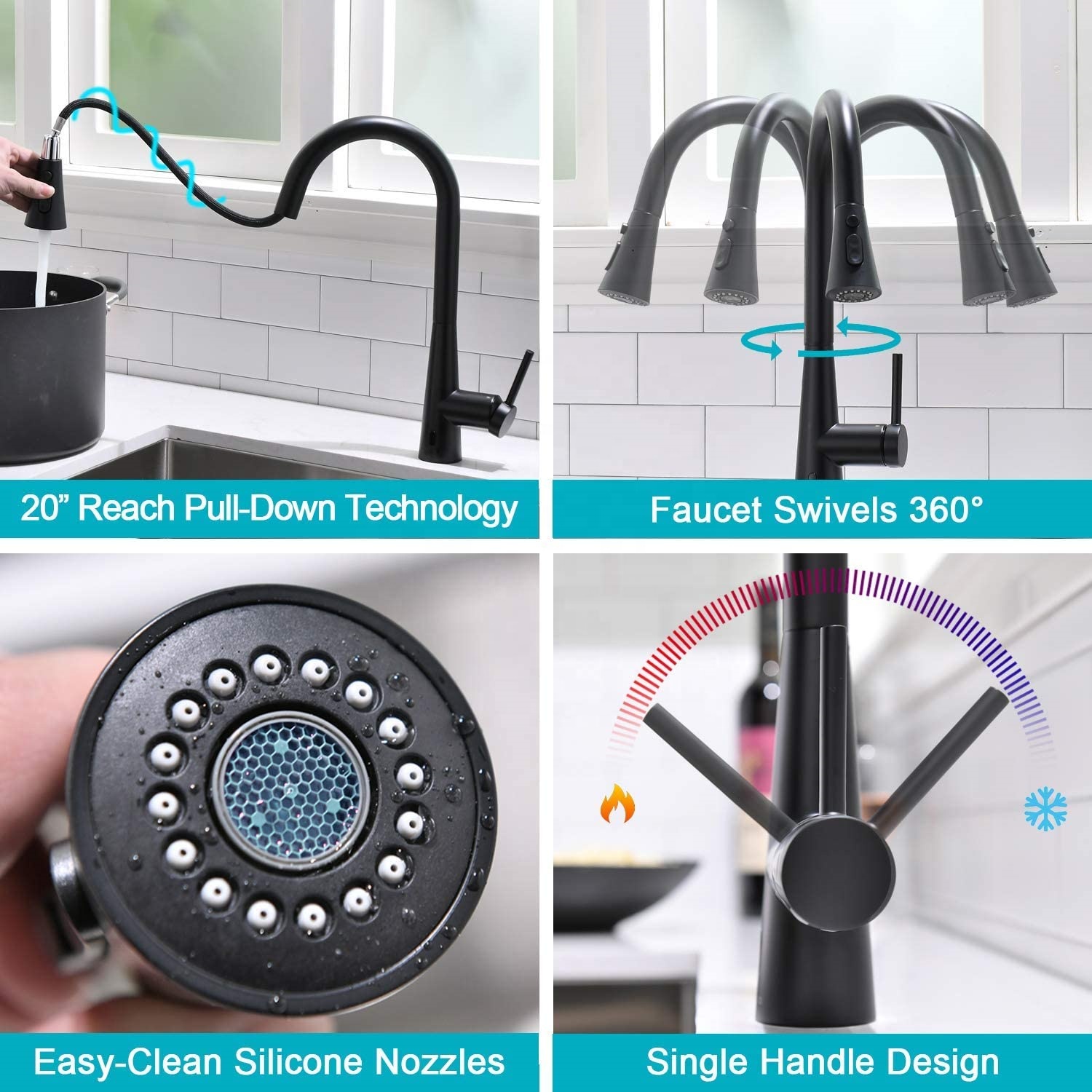 Robinet moderne noir robinet de cuisine intelligent robinets de cuisine automatiques avec pulvérisateur rétractable noir