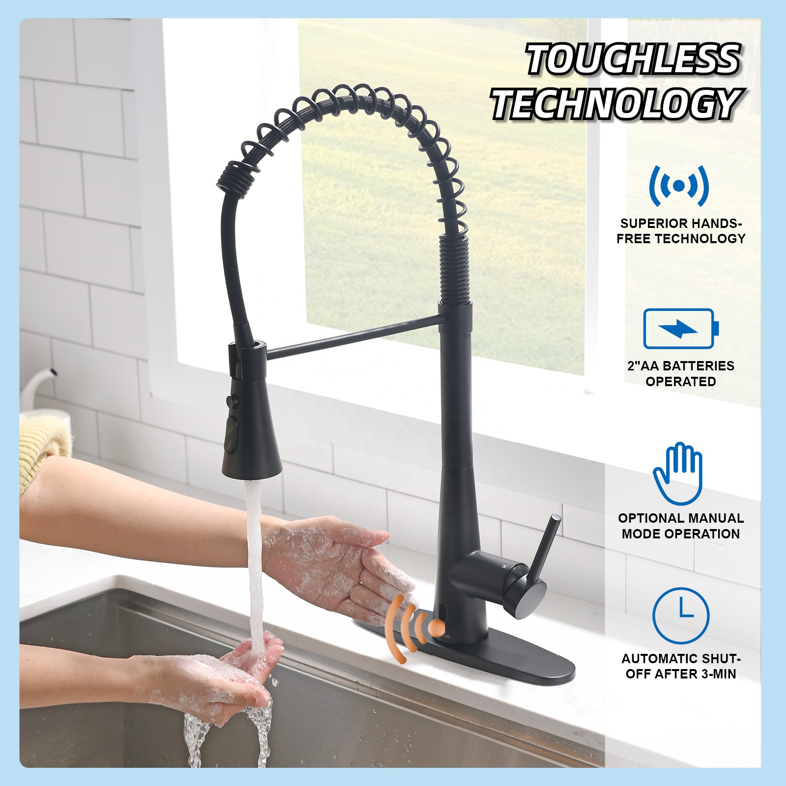 Acier inoxydable retirer le capteur de robinet sans contact robinets de cascade de cuisine robinet noir robinet automatique