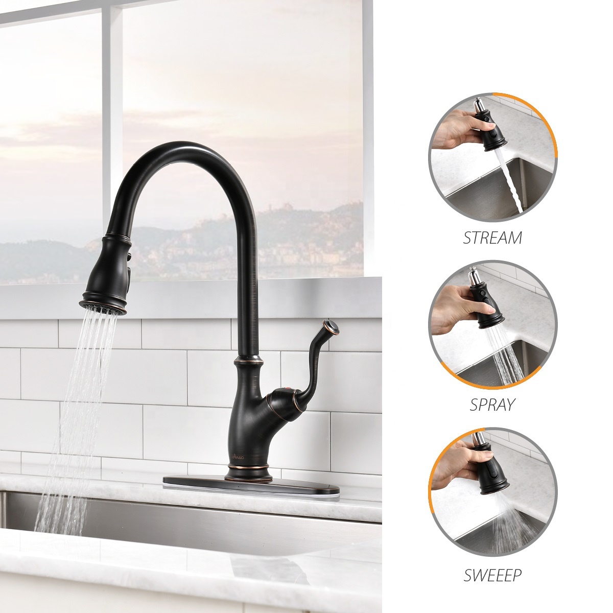 Mitigeur de robinet généralisé robinet d'eau robinet de cuisine mélangeur en acier inoxydable/noir robinets de cuisine à tirette