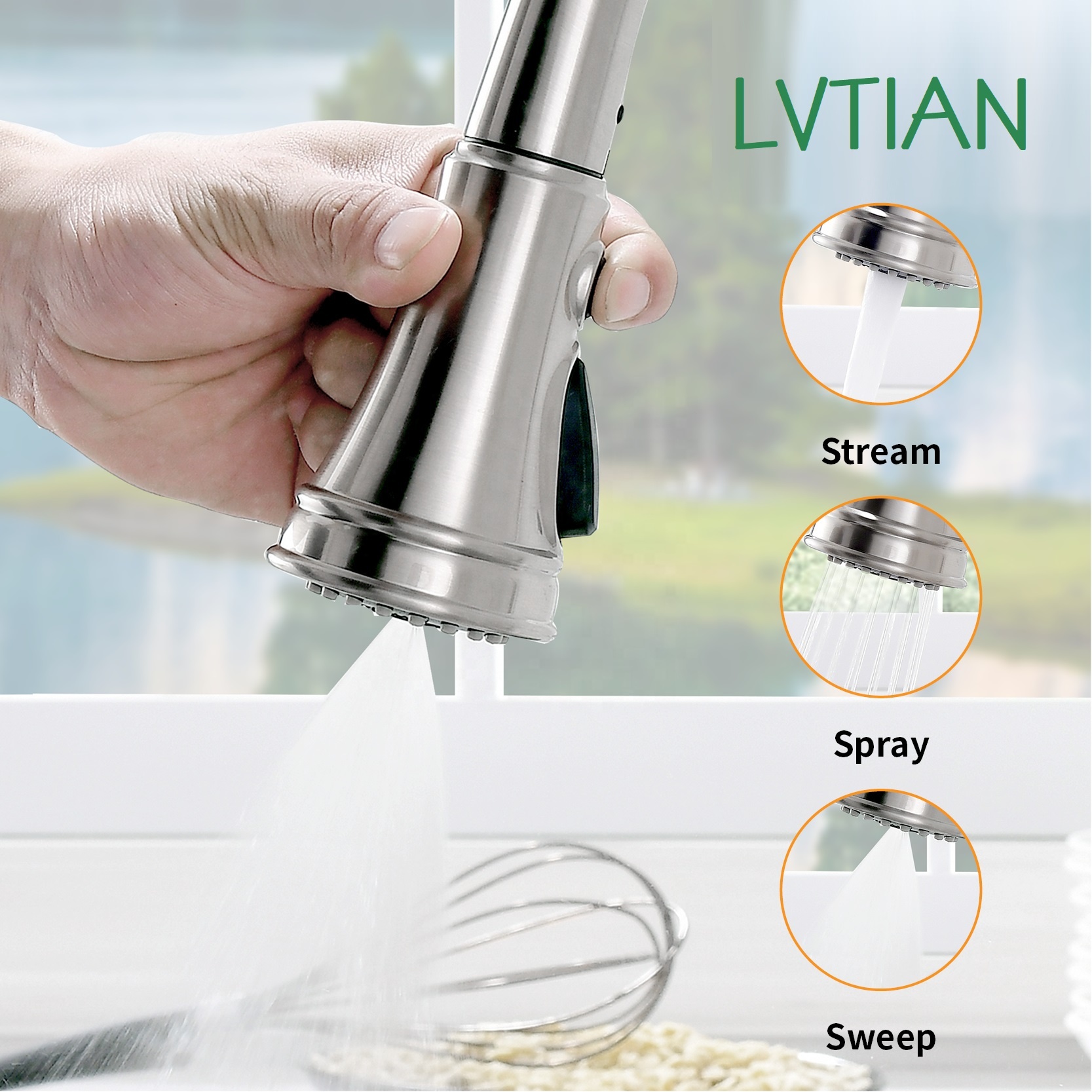 APS175-BN Robinet de robinet multifonctionnel 3 voies Amazon Nickel brossé Robinet de cuisine à tirette